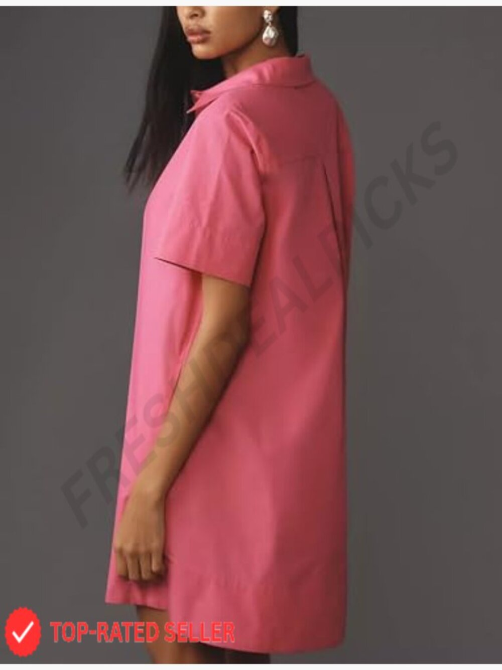 Oversized Short Sleeve Swing Tunic Mini Dress Flowy A-Line Button Down Shirt - Picture 5 of 6